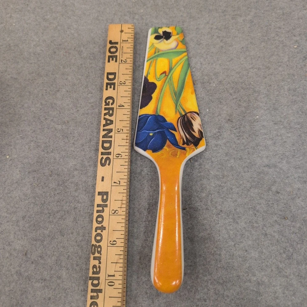 Ceramic Floral Cake Pie Server Pansy Tulip Yellow Orange Dessert Spatula